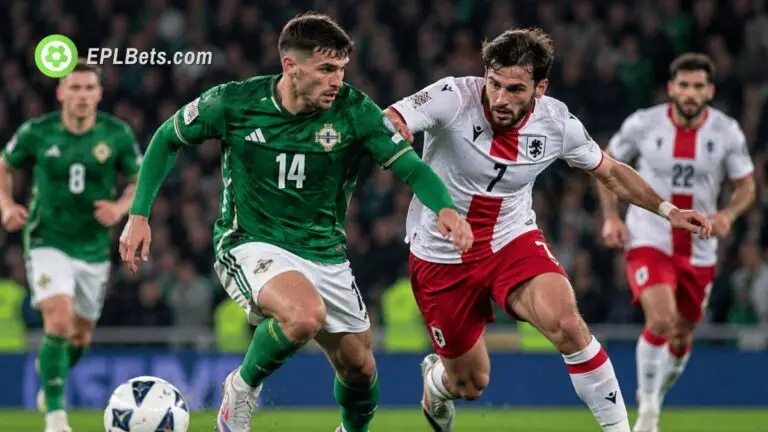 Northern Ireland and Georgia players battle for possession during their UEFA Nations League clash at Windsor Park.