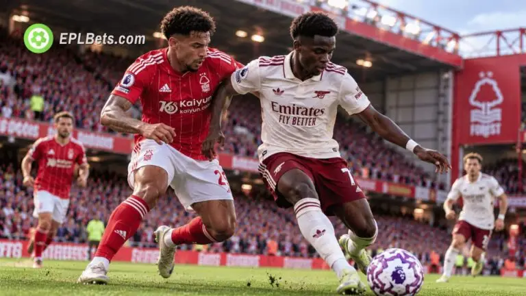 Arsenal player in a cream away kit shields the ball from a Nottingham Forest defender wearing red during a Premier League match illustration at the City Ground.