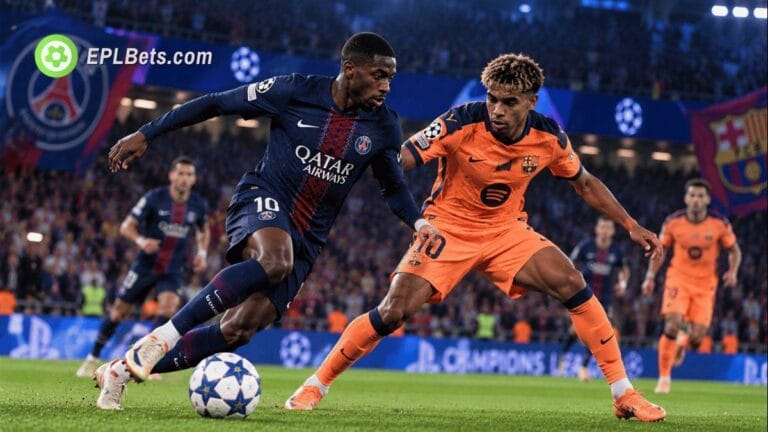 PSG attacker Ousmane Dembélé dribbles with the ball as Barcelona winger Lamine Yamal challenges him in an illustration of a Champions League match at the Parc des Princes.
