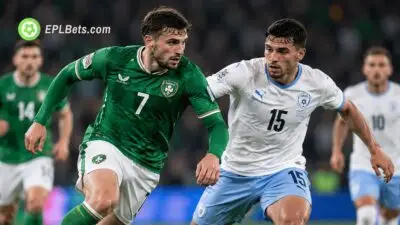 Republic of Ireland and Israel players compete for possession during their UEFA Nations League clash.