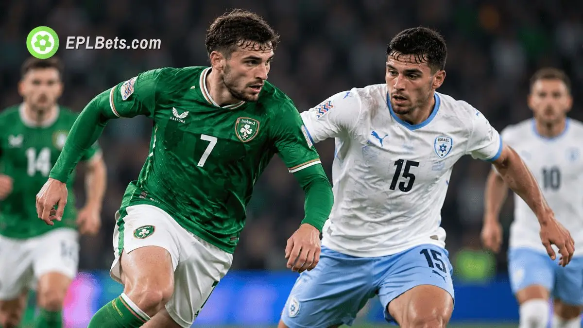 Republic of Ireland and Israel players compete for possession during their UEFA Nations League clash.