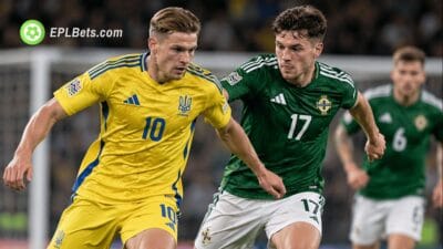 Ukraine and Northern Ireland players battle for possession during their UEFA Nations League clash in Trnava.