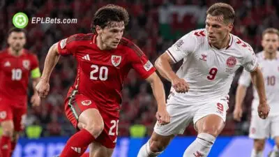 Wales and Denmark players compete for the ball during their UEFA Nations League clash in Cardiff.