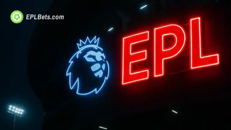 The Premier League logo lit up against a dark background with the text 'EPL'