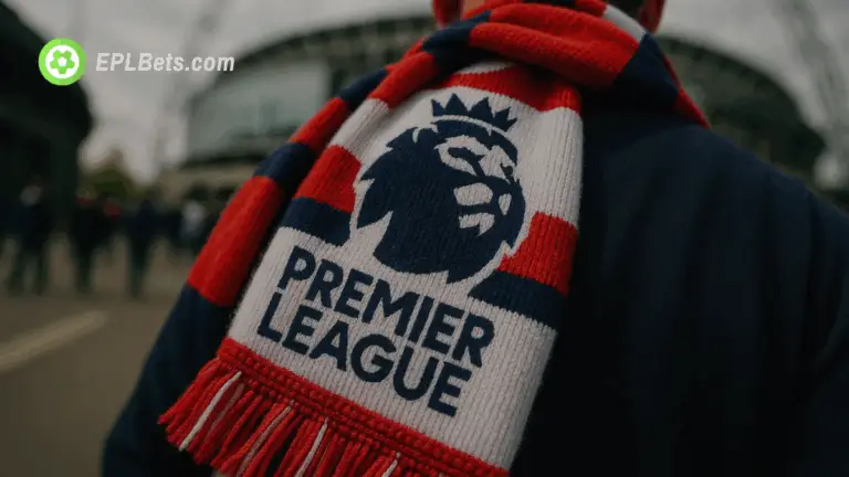 A fan with a Premier League scarf walks towards a stadium