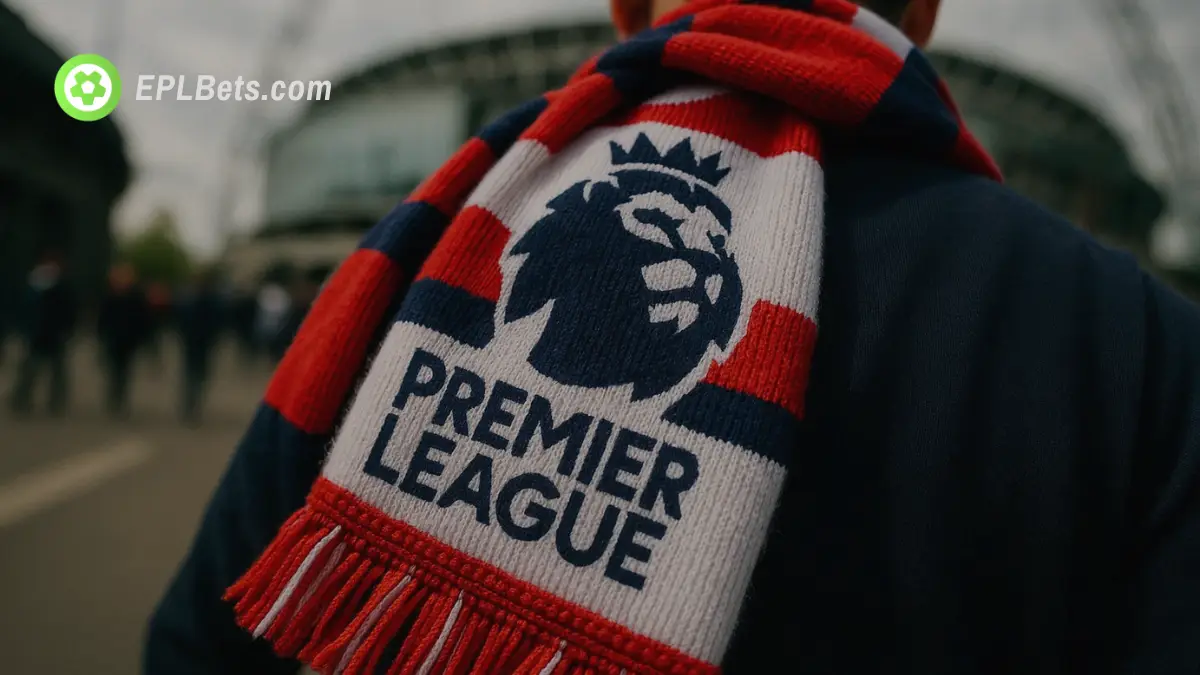 A fan with a Premier League scarf walks towards a stadium