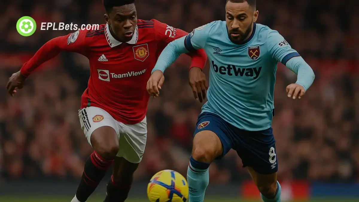 A Manchester United and West Ham player compete for the ball in a Premier League fixture