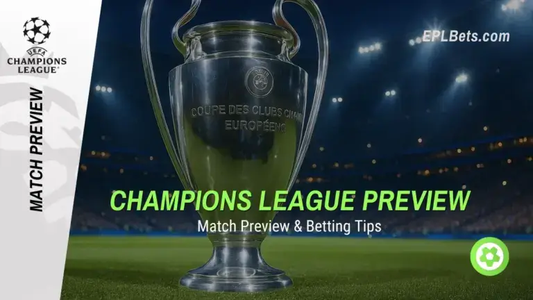 A picture of the Champions League trophy against a stadium backdrop, with the EPL Bets logo