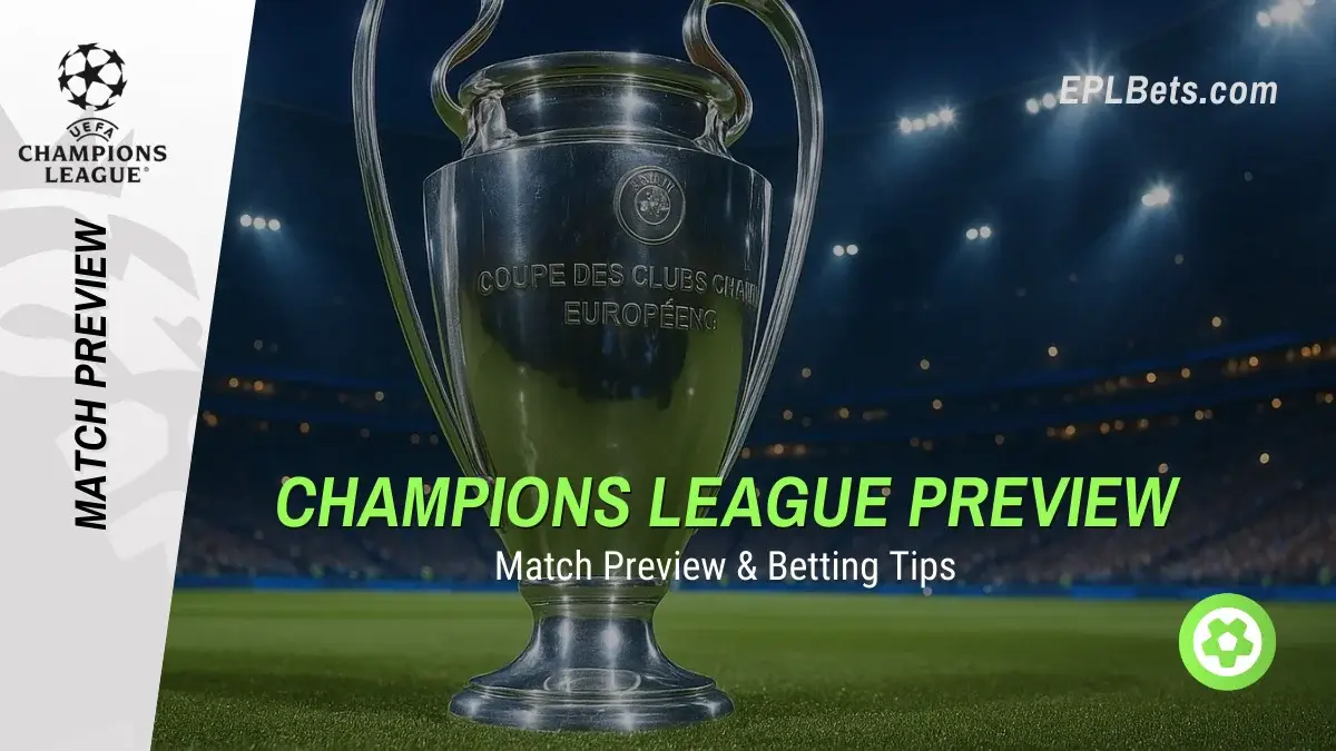 Uma foto do troféu da Liga dos Campeões tendo um estádio como pano de fundo, com o logotipo da EPL Bets